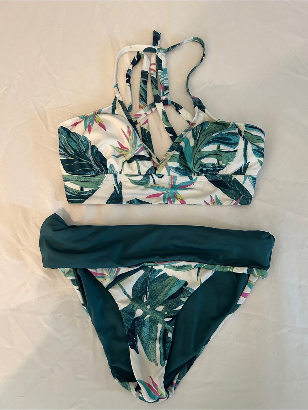 Carve Designs Tropical Leaf Strappy Bikini Set in Teal and White M